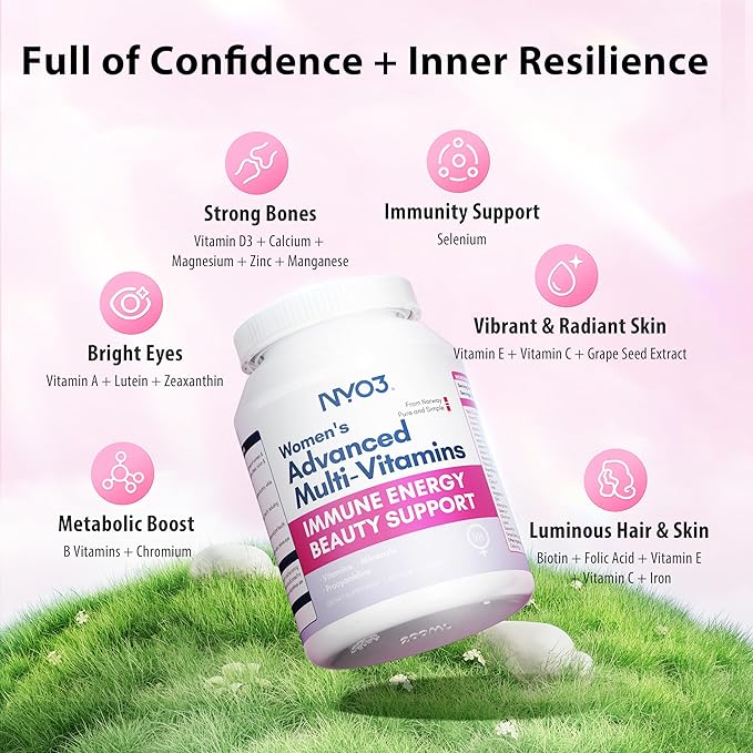 NYO3 Multivitamin for Women with 22 Essential Nutrients | 7 Minerals & 3 Special Additives & 12 Vitamins | Lutein, Zeaxanthin, Grape Seed | Nourish Hair/Skin/Nail | Energy Support | 60 Day Supply
