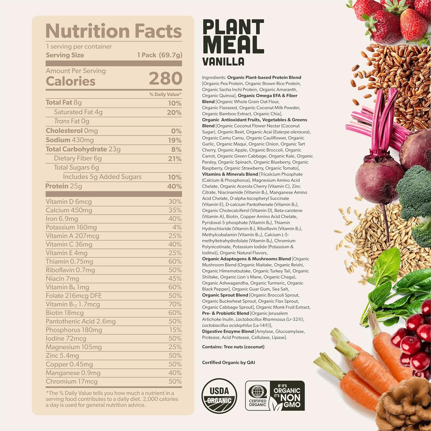 Plant Meal Replacement Shake - Vanilla - 25g of Plant Based Vegan Protein Powder, 76+ Organic Superfoods, Vitamins & Minerals, Mushrooms, Super Greens, Digestive Enzymes & Probiotics - 1 Serving