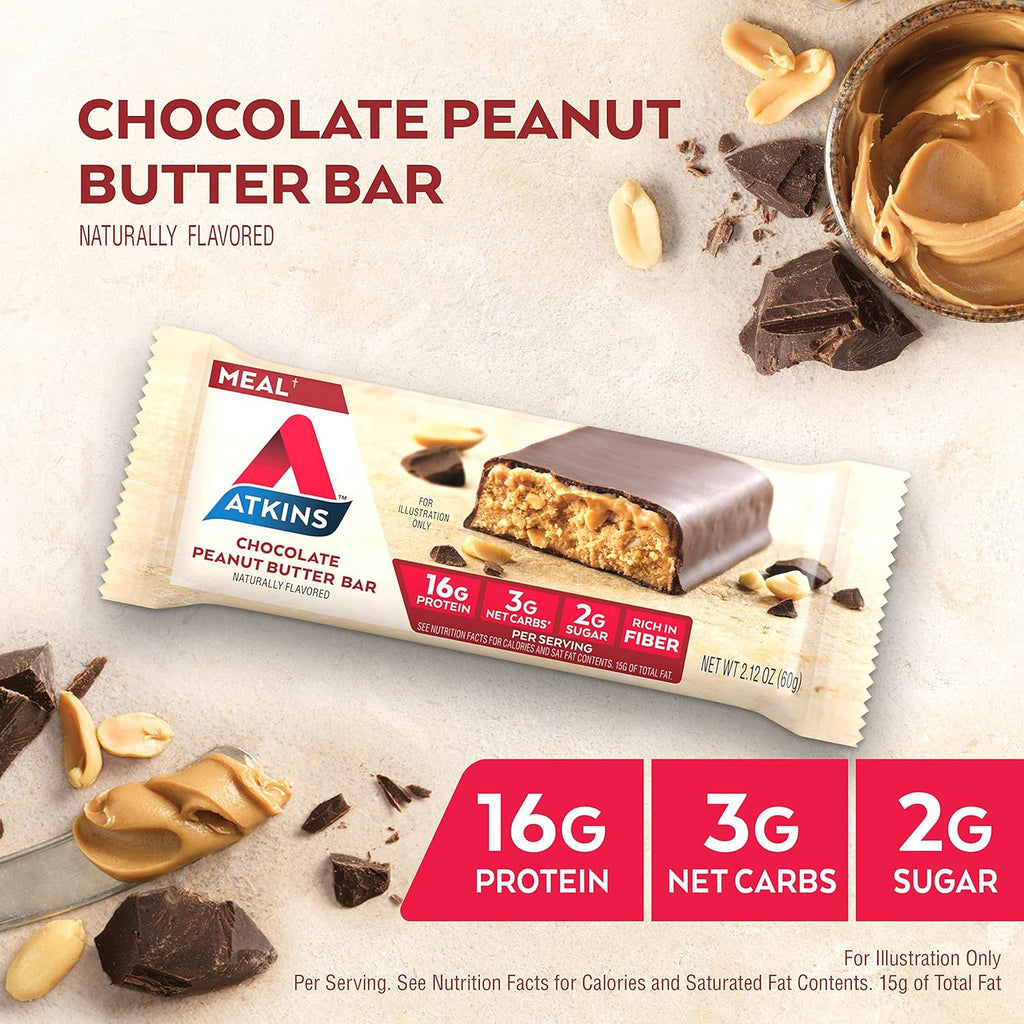 Atkins Chocolate Peanut Butter Protein Meal Bar, High Fiber, 16g Protein, Low Sugar, 3g Net Carb, Low Carb, Keto Friendly, 12 Count