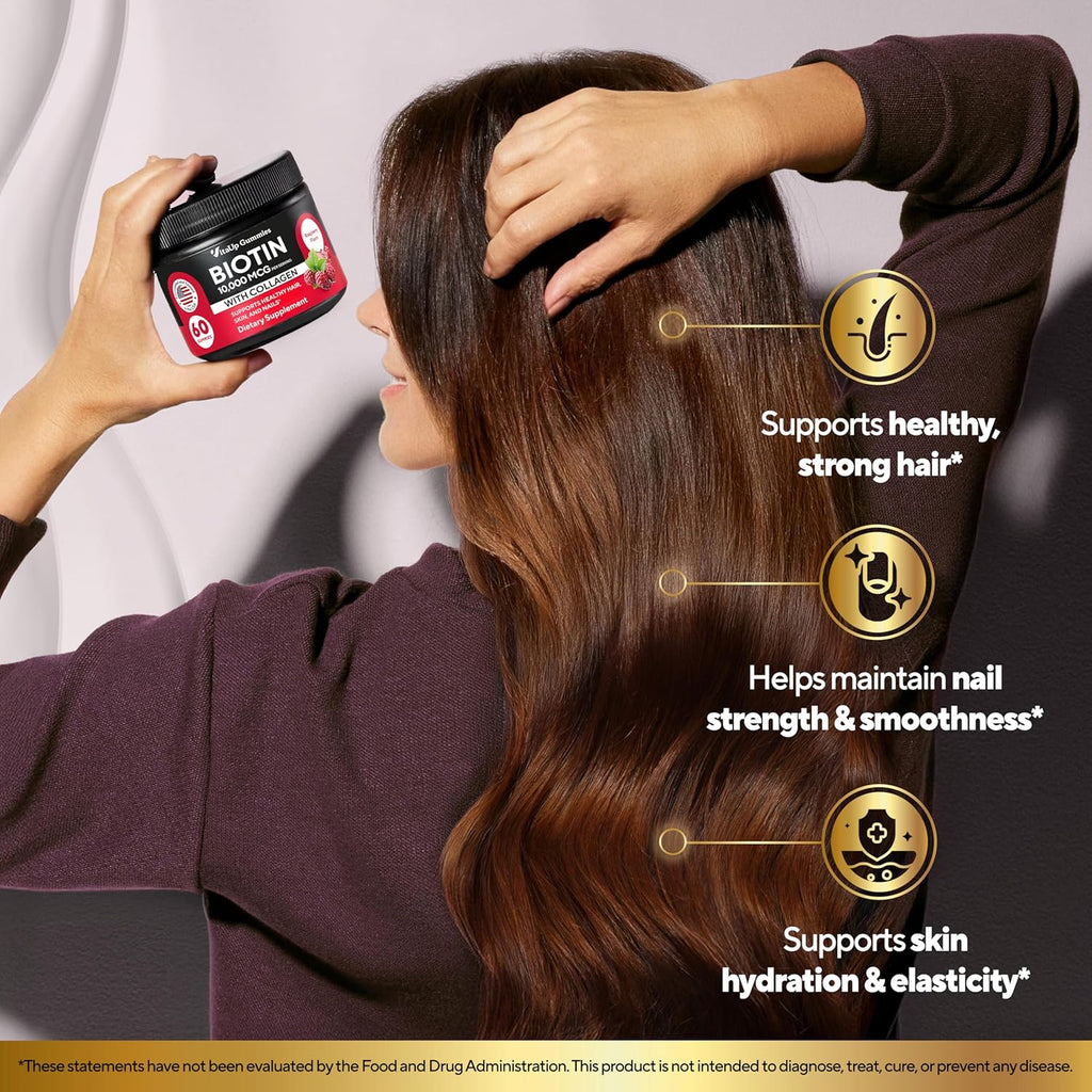 Biotin Gummies 10000mcg for Women and Men - Extra Strength Hair, Skin and Nails Gummies with Collagen - Natural Biotin Gummy Supplement for Hair, Skin, Nails Support - 60 ct