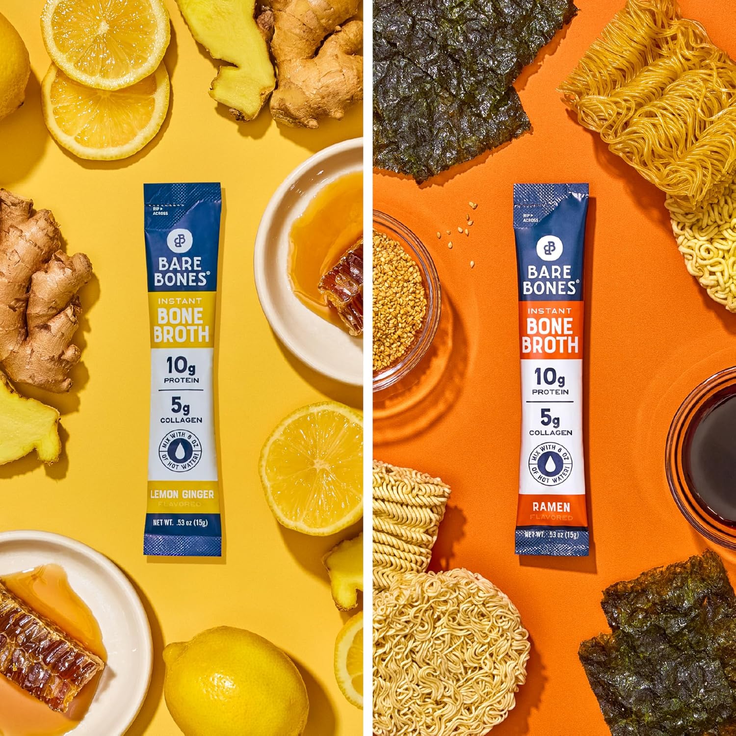 Bare Bones Bone Broth Instant Powdered Mix | 4 Beef 4 Chicken 4 Ramen 4 Lemon Ginger | Non-GMO Gluten-Free Dairy-Free Keto & Paleo Friendly | 15g Sticks 10g Protein | Variety Pack | 16 Pack