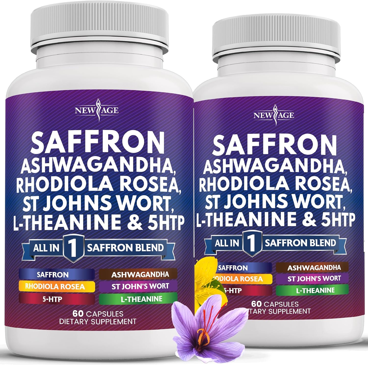 NEW AGE Saffron Supplements with Ashwagandha - Support with L-Theanine, Ginkgo Biloba, St. John's Wort, Rhodiola Rosea & 5-HTP - Saffron 120 Count