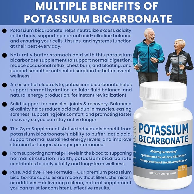Pure Potassium Bicarbonate Supplement Capsules pH Balance Pills, High Potassium Electrolytes 1200mg Serv. USA Made Bicarbonate Food Grade, Acid-Alkaline Balance Immunity Endurance 120 caps