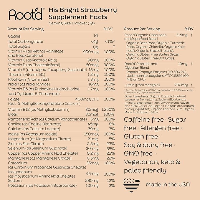 Root'd Multivitamin Powder for Men - 24 Vitamins & Minerals with 3X Electrolytes, 9 Organic Superfoods, Probiotics & Enzymes, Sugar-Free Multivitamin & Hydration | 30 Vitamin Drink Mix Packets