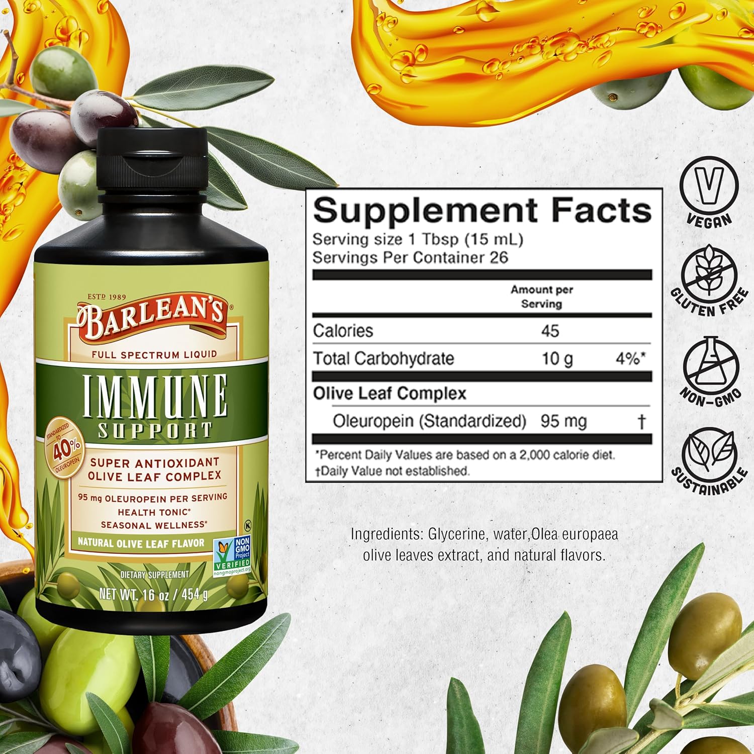 Barlean's Olive Leaf Complex Liquid Immune Support Supplement with 95mg Oleuropein Antioxidants for Seasonal Wellness, Heart Health, & Immune System Booster, 16 Ounce