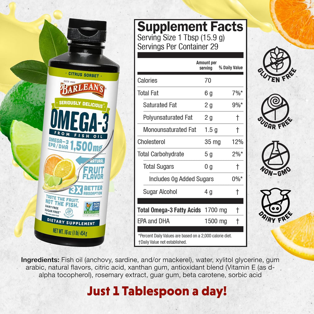 Barlean's Citrus Sorbet High Potency Omega 3 Fish Oil Liquid Supplement, 1500mg of EPA & DHA Fatty Acid, Smoothie Flavored & Burpless for Brain, Joint, & Heart Health, 16 oz