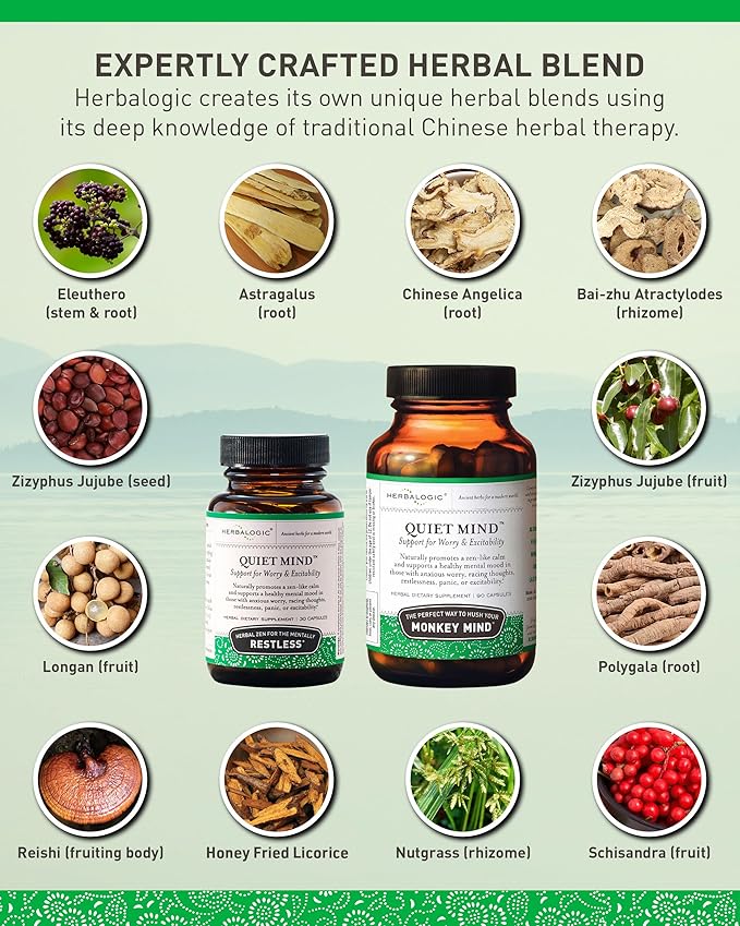 Herbalogic - Quiet Mind Herb Capsules - Non-Sedating, Promotes a Feeling of Zen-Like Calm - Eases Anxious Worry and Panicky Mood - Based on The Traditional Chinese Formula GUI Pi Tang - 30 Cap Count