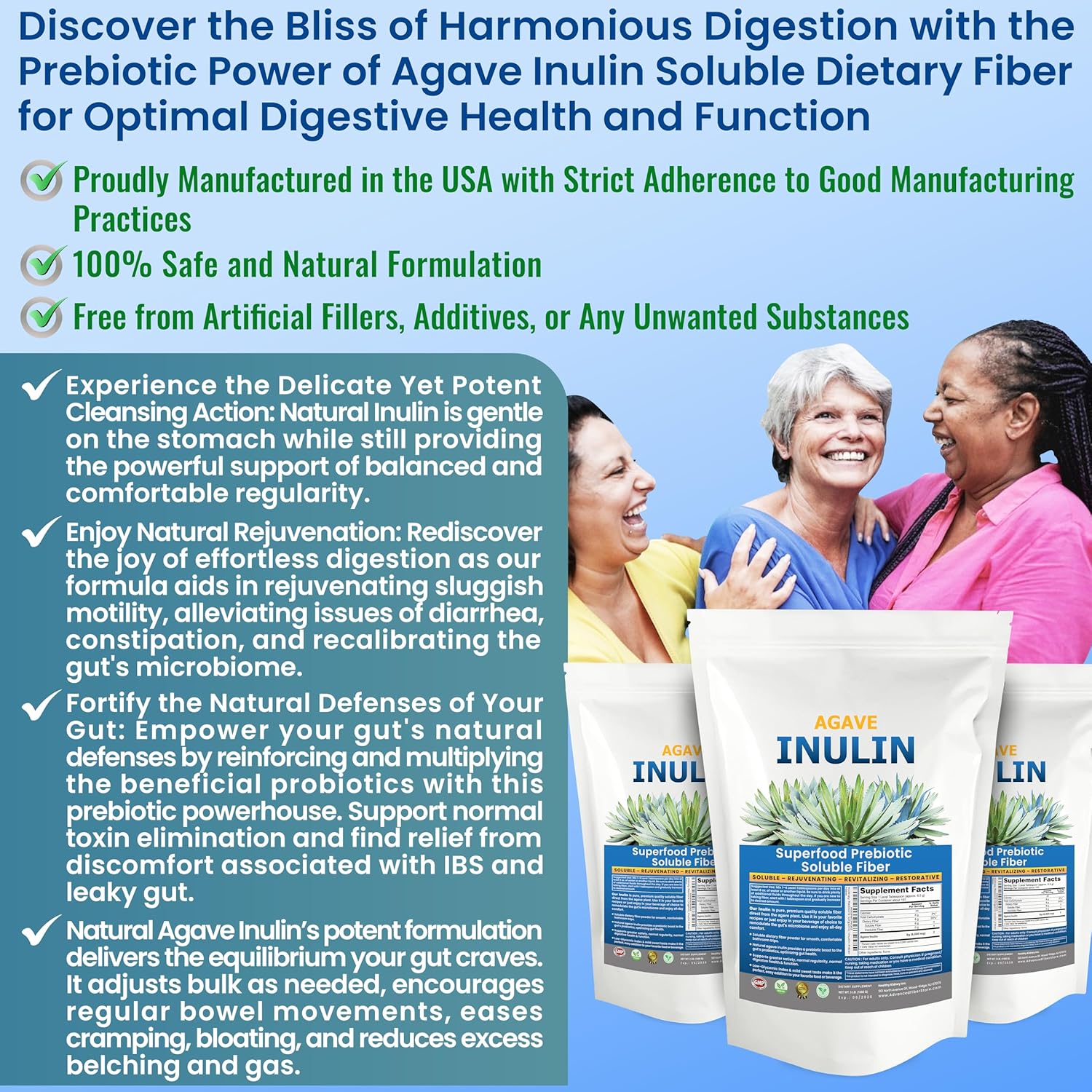 Organic Inulin Powder (48oz/3 lbs) Gentle Agave Prebiotic Soluble Fiber Supplement for Digestive Support, Gut Health, Vegan Baking, Smoothies & Drinks