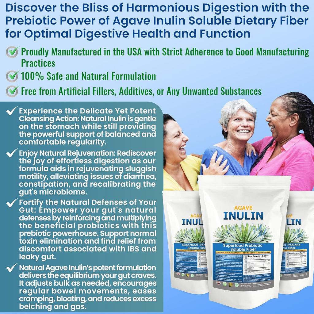 Organic Inulin Powder (16oz/1lbs) Gentle Agave Inulin Prebiotic Soluble Fiber Supplement for Digestive Support, Gut Health, Vegan Baking, Smoothies & Drinks