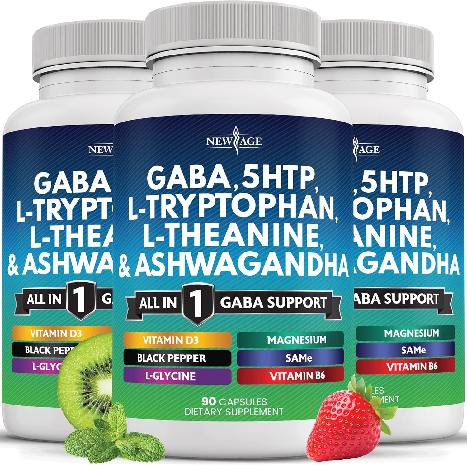 NEW AGE GABA 750mg 5 HTP 200mg L Tryptophan 500mg L Theanine 200mg Ashwagandha SAM-e L-Glycine - Vitamins for Women and Men with L-Tyrosine 5-HTP (5-Hydroxytryptophan) - 270 Count
