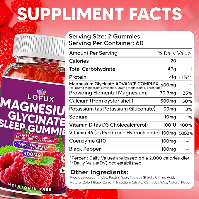 Lofux Magnesium Glycinate Gummies 400mg, Sugar Free Magnesium Gummies for Adults Women, Men, Chewable Supplement Gummy with L-Threonate, Vitamin D, B6, CoQ10 - for Calm, Sleep, Body Relaxation, 120 Ct