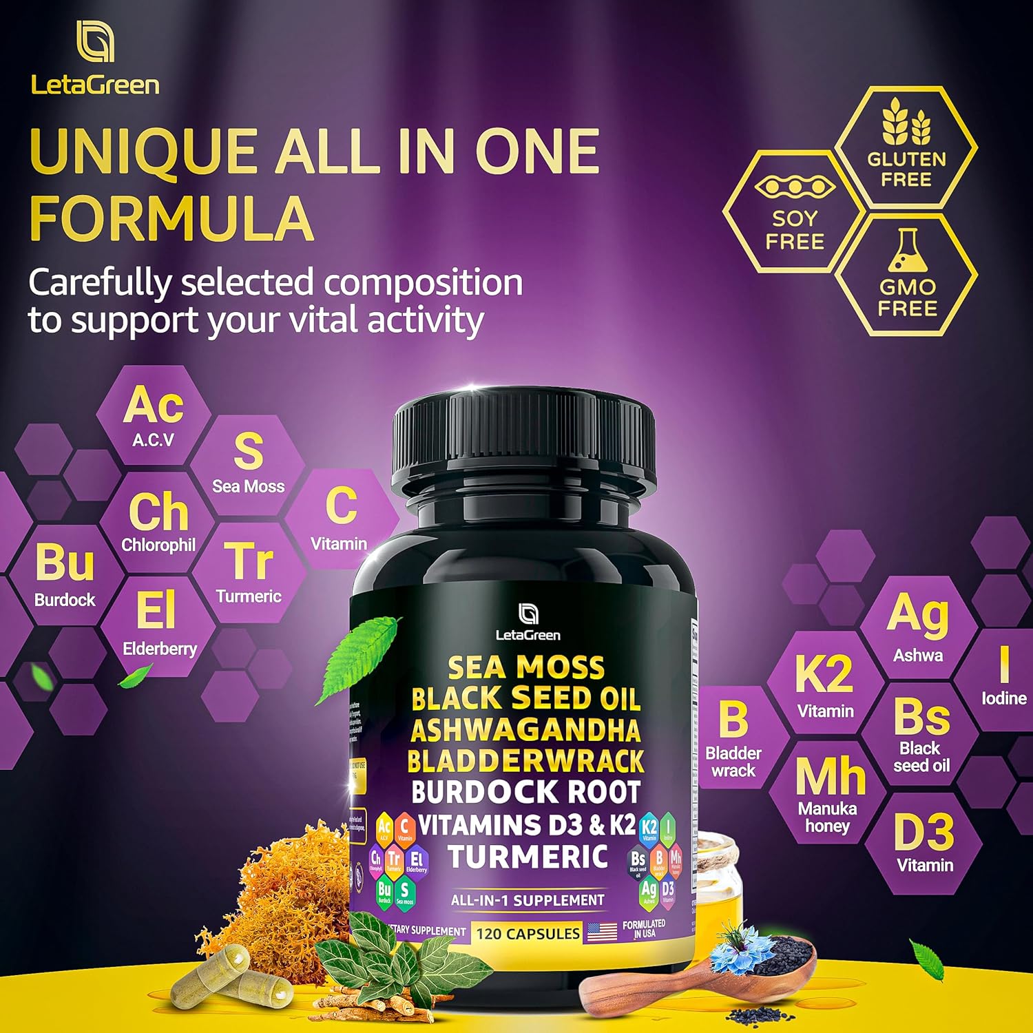 Sea Moss Capsules – 17-in-1 Blend with Black Seed Oil Ashwagandha Bladderwrack Burdock Root Turmeric Vitamin D3 K2 C for Daily Wellness – Multimineral Supplement for Men & Women – 120 Count