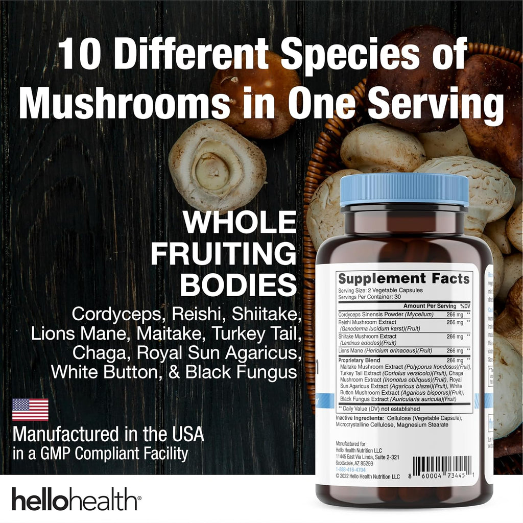 Happy Brain Mushroom Complex Nootropics Brain Support Supplement, 10 Mushroom Supplement: Lions Mane, Turkey Tail, Red Reishi, Shiitake Mushrooms for Improved Clarity, Energy, Immune Support 60ct. 4pk