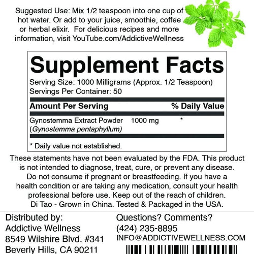 Addictive Wellness Gynostemma Leaf Extract Powder - Pure & Potent Jiaogulan Adaptogen for Energy, 1 Packet