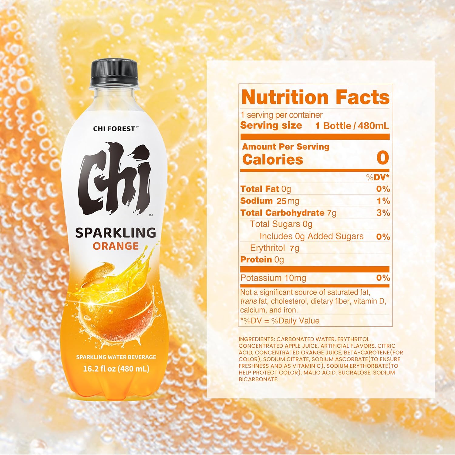 CHI FOREST Flavored Sparkling Water Beverage, Orange, 16.2 fl oz Bottles (pack of 15)