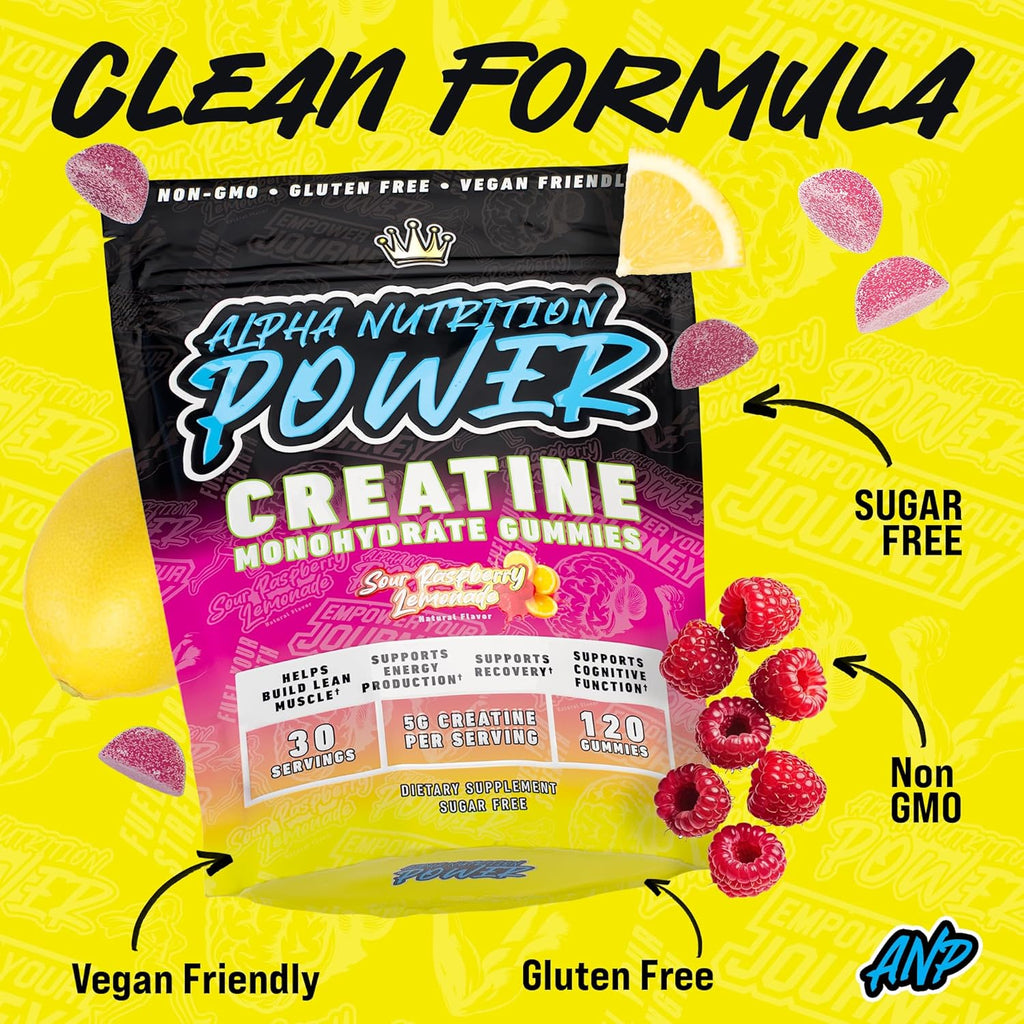 Creatine Monohydrate Gummies 5g for Men & Women | 1.25g Creatine per Gummy for Muscle Growth, Endurance, Recovery, & Focus | Vegan, Non-GMO, Gluten-Free | Sour Raspberry Lemonade Flavor | 120 Count