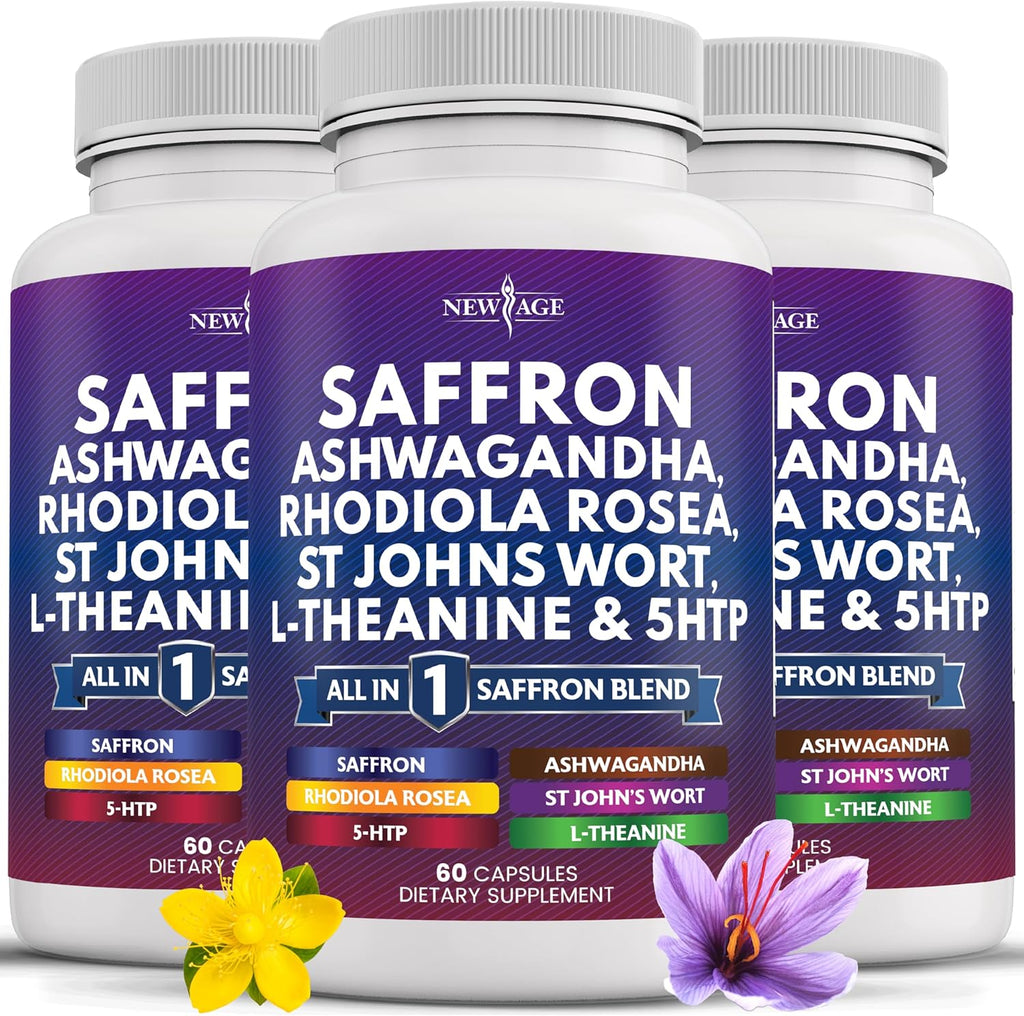 NEW AGE Saffron Supplements with Ashwagandha - Support with L-Theanine, Ginkgo Biloba, St. John's Wort, Rhodiola Rosea & 5-HTP - Saffron 180 Count