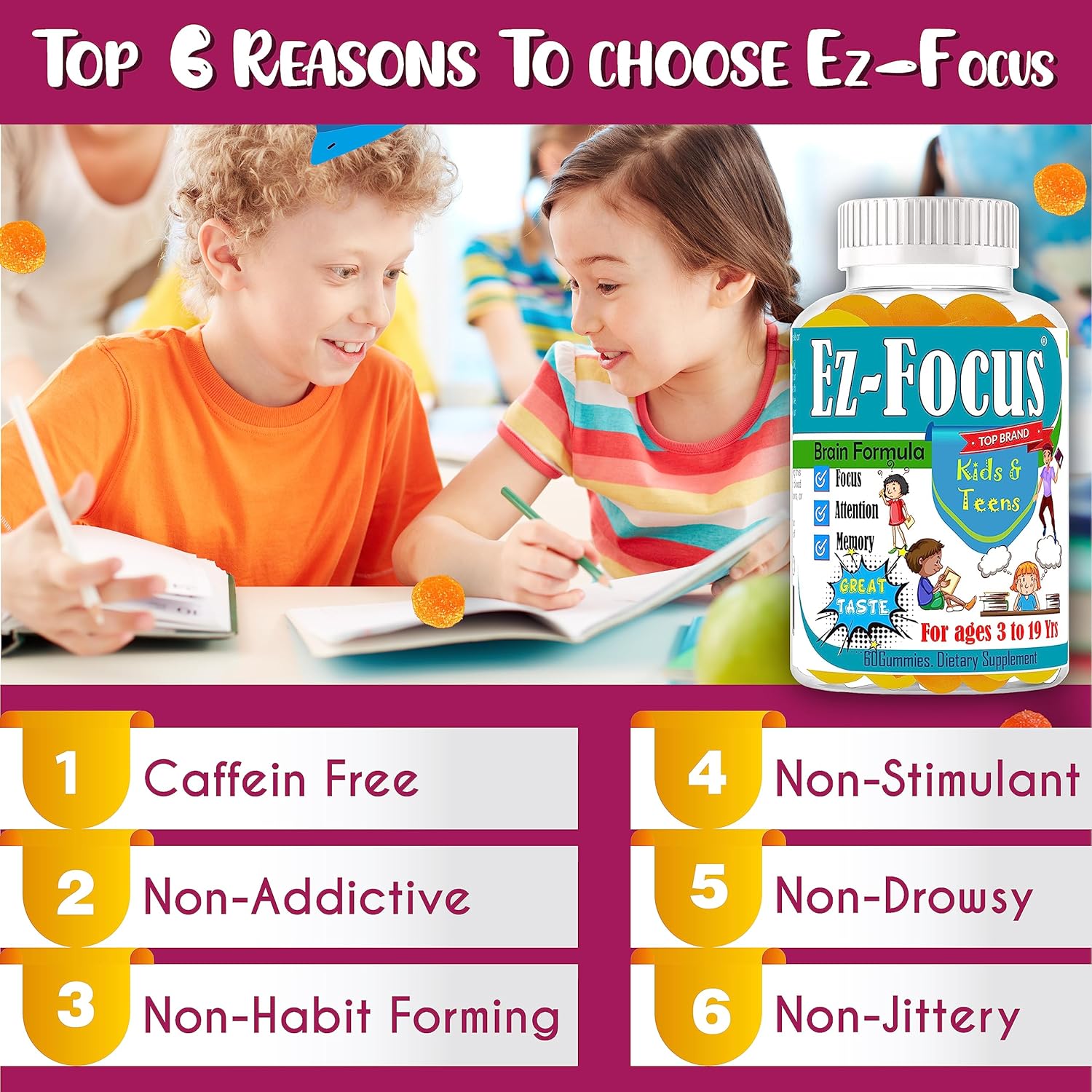 Ez-Focus Gummies for Kids, Teens and Youth – Brain Focus, Memory & Attention Support, DHA & Omega-3 for Kids, Concentration and Focus Supplement, Calm and Study Brain Vitamins 60 ct
