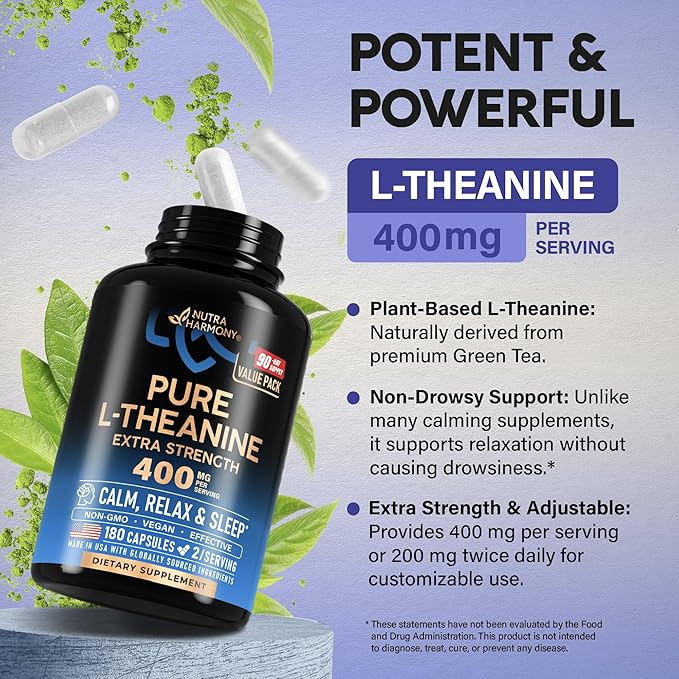 L Theanine 400 mg | L-Theanine Stress Relief | Extra Strength Supplement | Made in USA | Relaxation, Sleep & Calm Support | For Men & Women | Plant Based, Non-GMO & Gluten-Free | 180 Vegan Capsules