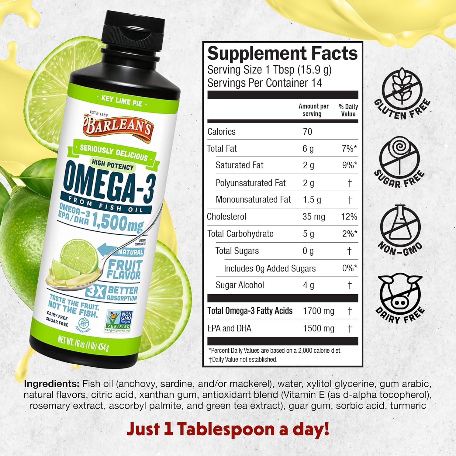 Barlean's Organic Oils Seriously Delicious Omega-3 High Potency Fish Oil, Key Lime Pie, 16 Fl Oz