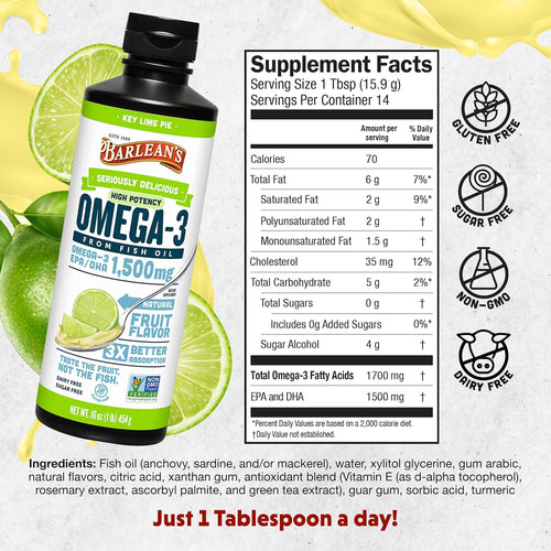 Barlean's Organic Oils Seriously Delicious Omega-3 High Potency Fish Oil, Key Lime Pie, 16 Fl Oz