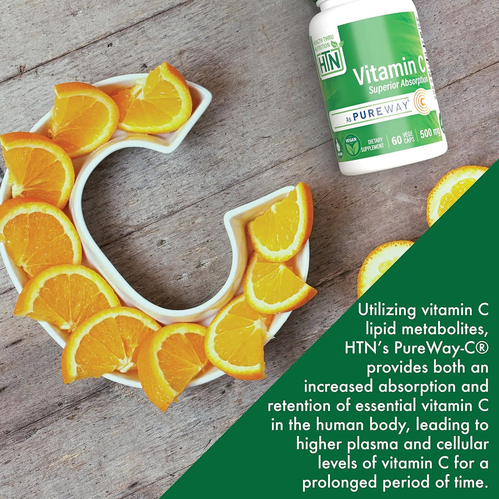 Health Thru Nutrition Vitamin-C 500mg as PureWay-C 60 Vegecaps Superior Absorption | Healthy Immune Function and Collagen Support | 3rd Party Tested | Vegan, Non-GMO and Gluten Free