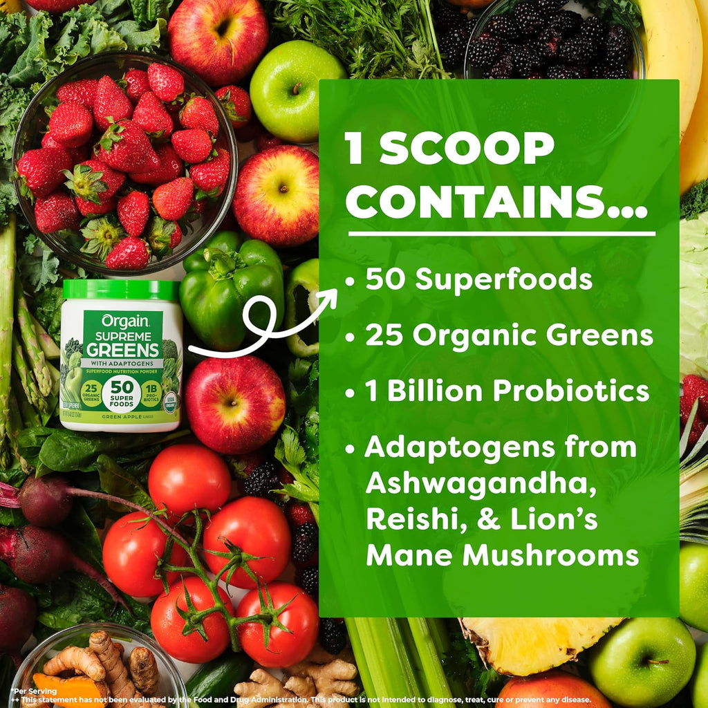 Orgain Supreme Greens Powder with 25 Organic Greens, 50 Superfoods, 1 Billion Probiotics, and Adaptogens, Vegan Greens for Gut Health and Immune Support, 1.5 Servings of Fruit and Veggies, Green Apple