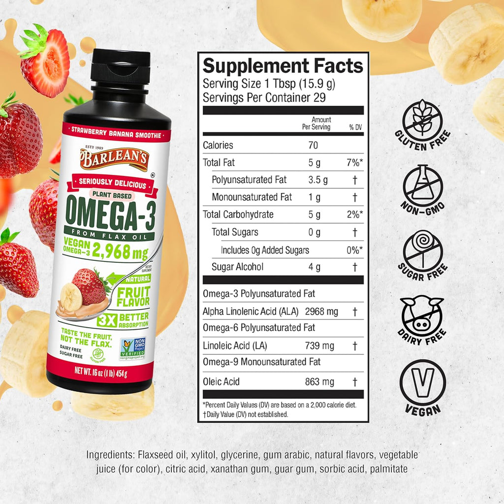 Barlean's Strawberry Banana Flaxseed Oil Liquid, Vegan Omega 3 6 9 Supplements for Kids & Adults from Cold Pressed Flax Seed Oil with 2,968 mg of Vegan Omegas, Non-GMO & Gluten Free, 8 oz