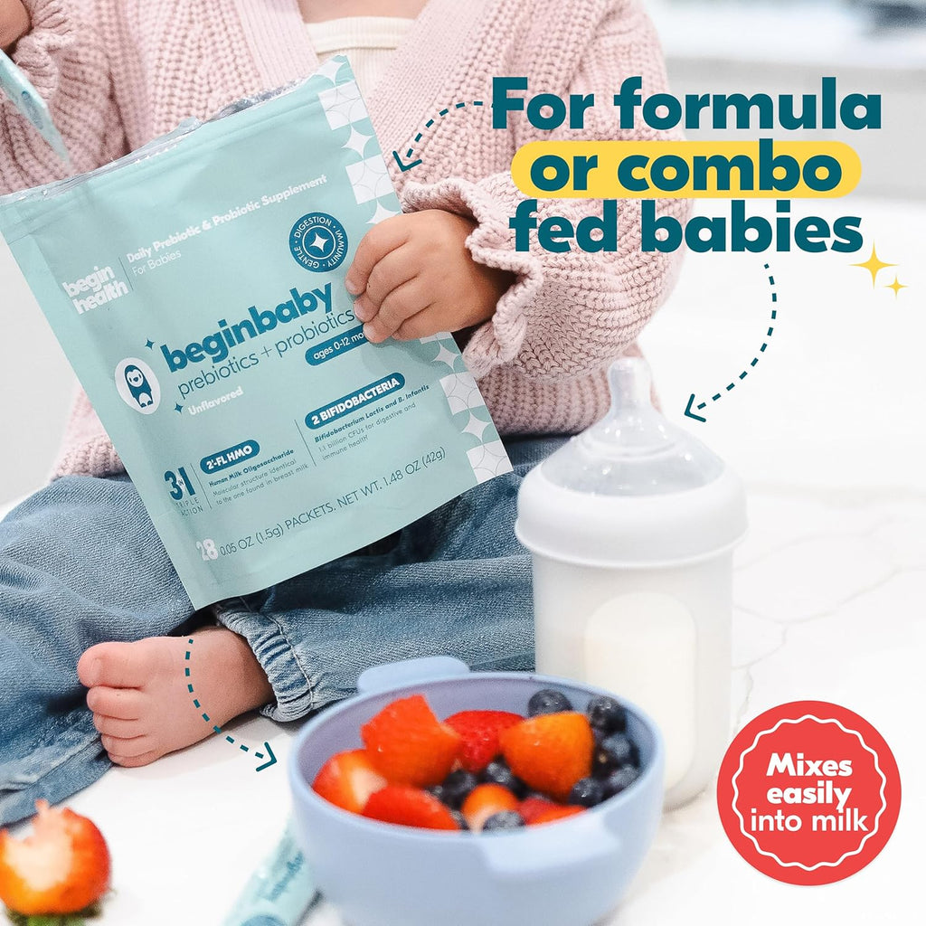 Begin Health BeginBaby Prebiotics and Probiotics for Infants 0-12 Months | Baby Formula Prebiotic + Probiotic Powder with 2'-FL HMO's & B. Infantis for Optimal Digestion | 28-Packs - Unflavored