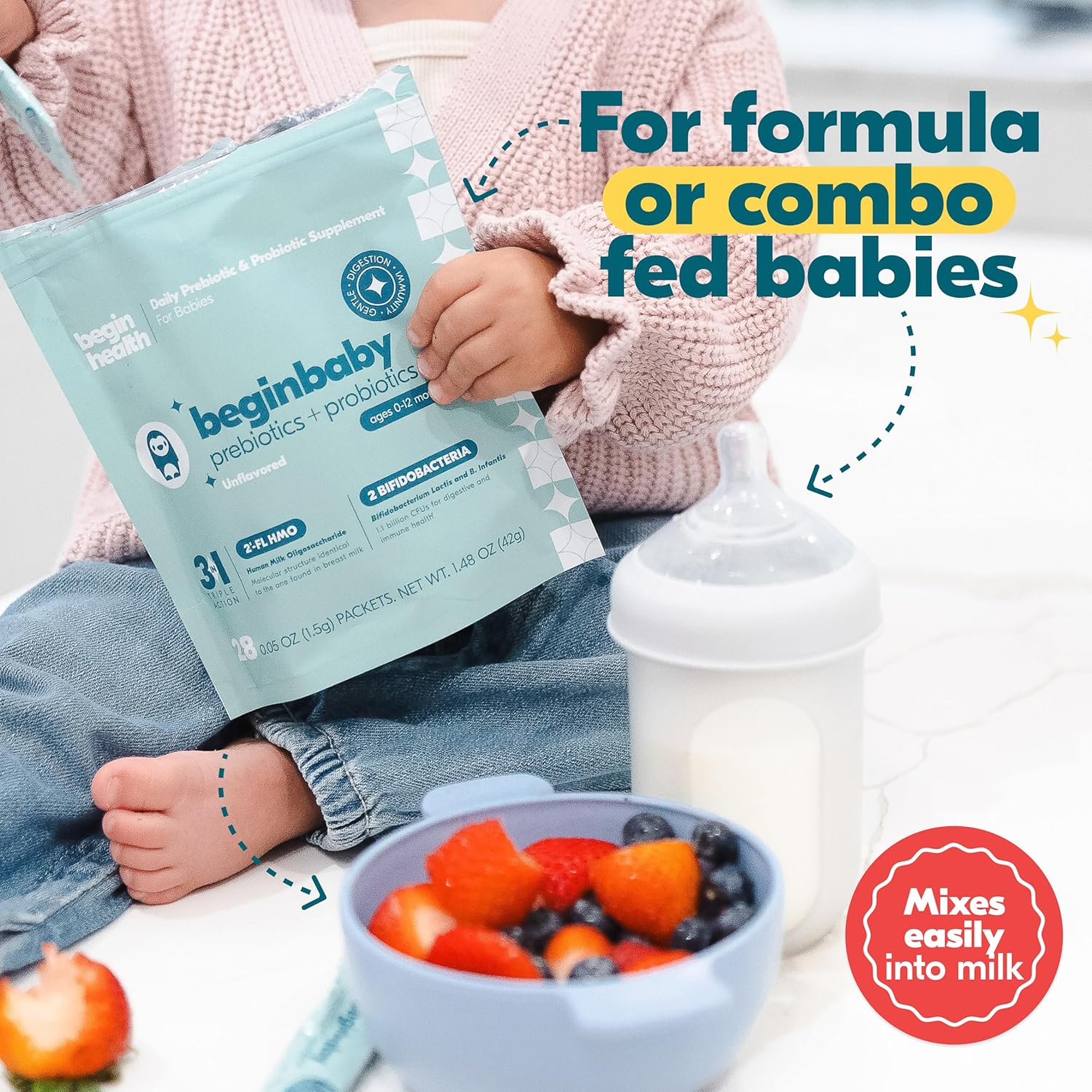 Begin Health BeginBaby Prebiotics and Probiotics for Infants 0-12 Months | Baby Formula Prebiotic + Probiotic Powder with 2'-FL HMO's & B. Infantis for Optimal Digestion | 28-Packs - Unflavored