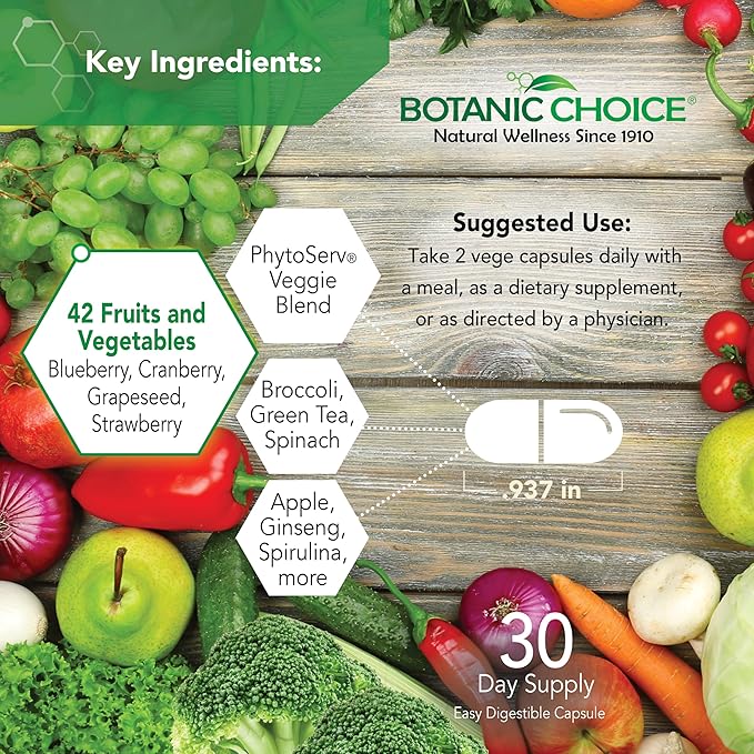 Botanic Choice Mega Fruits and Veggies Blend Total of 42 Fruit and Vegetables Like Elderberry, Chlorella, Kale Energy Balance & Superfood Vegetable Supplements for Adults - 2 Pack