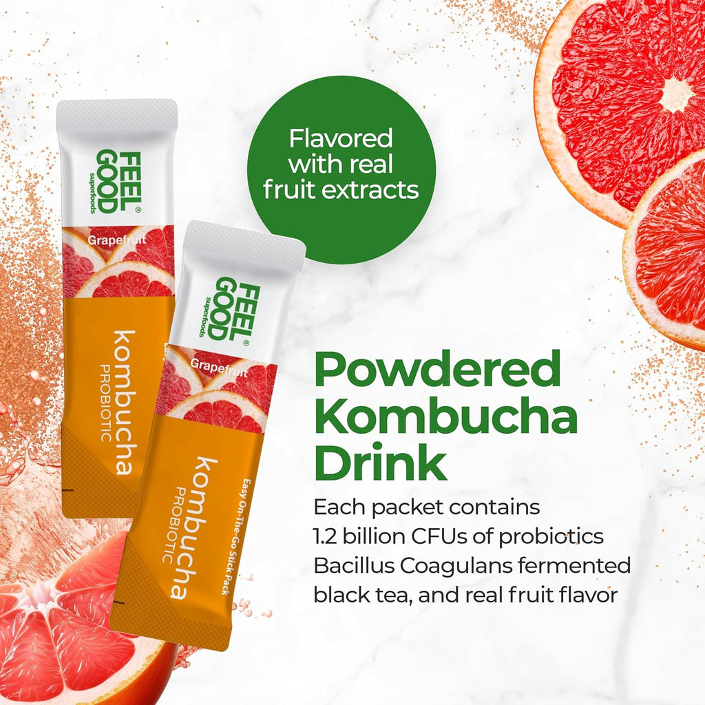 FeelGood Superfoods Kombucha Iced Tea Packets, Delicious Grapefruit Flavored Refreshing Instant Kombucha Powder Fizzy Drink, Probiotic Supplement for Gut Health, 14 pack