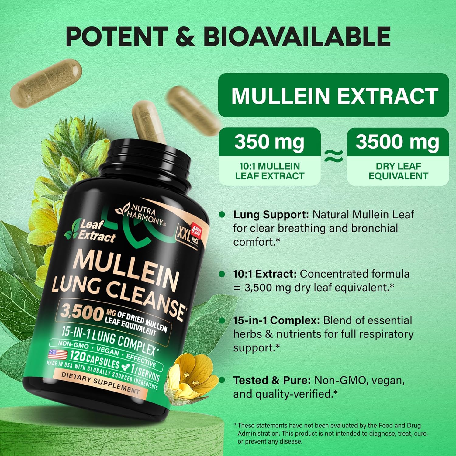 Mullein Leaf Extract for Lung Detox - Marshmallow Root | Echinacea | Oregano | Quercetin | NAC - 15-in-1 Lung Support & Cleanse for Smokers Supplement - Made in USA - As Drops, Tincture - 120 Capsules