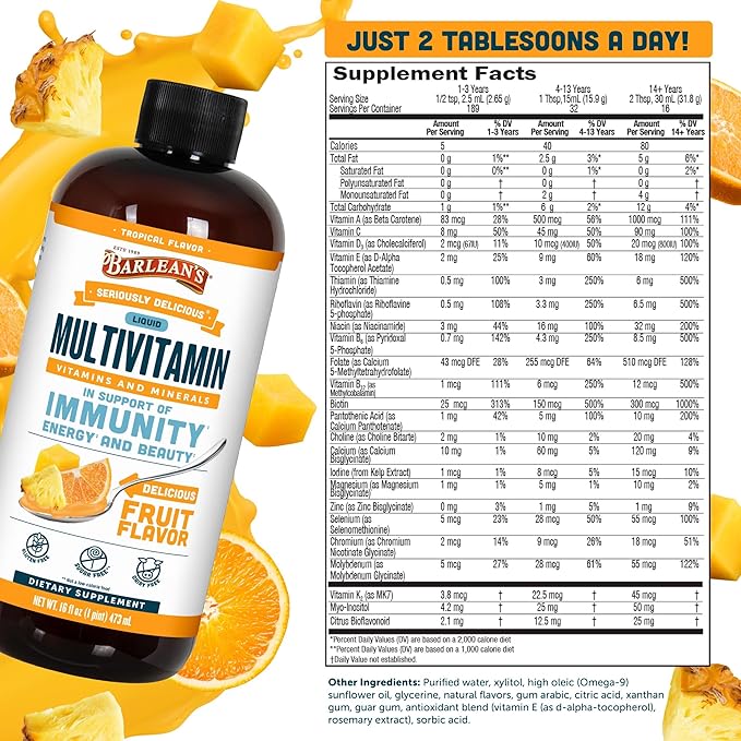 Barlean's Liquid Multivitamin for Women, Men & Kids, 21 Essential Vitamins & Minerals, Includes Biotin, B-Complex, Vitamins C, D3 & K2, Smoothie-Like Daily Supplement, Tropical Flavor, 16 fl oz