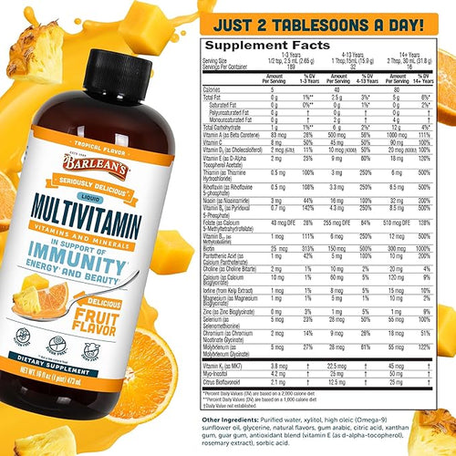 Barlean's Liquid Multivitamin for Women, Men & Kids, 21 Essential Vitamins & Minerals, Includes Biotin, B-Complex, Vitamins C, D3 & K2, Smoothie-Like Daily Supplement, Tropical Flavor, 16 fl oz