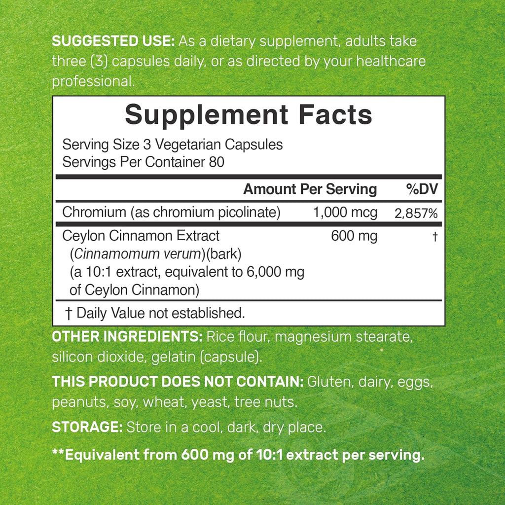 Ceylon Cinnamon 6,000mg with Chromium 1,000mcg Per Serving, 240 Capsules –Active Inner Bark Extract – True Sri Lanka Source – Natural Cinnamon Supplements– Non-GMO
