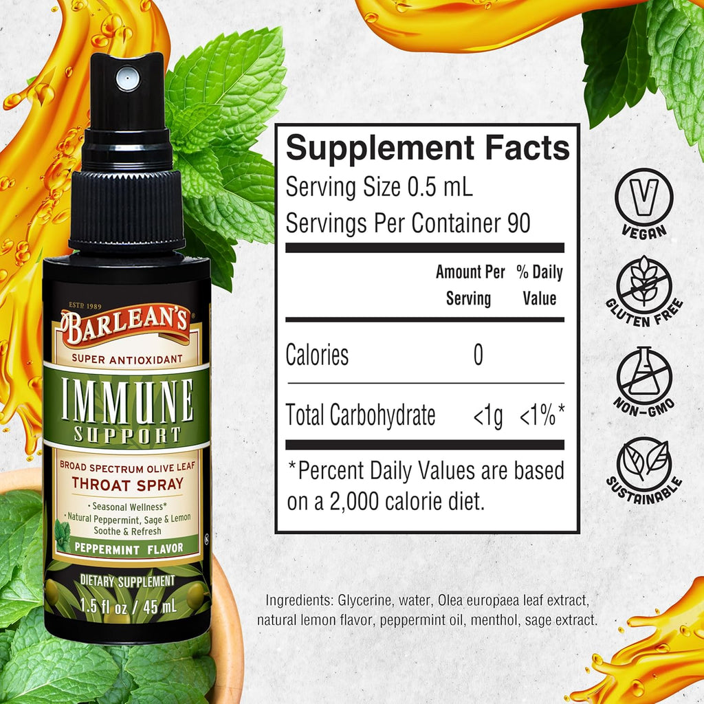 Barlean's 2 Pack Olive Leaf Complex Throat Spray with Peppermint, Lemon, and Sage for Itchy Throat Relief, Immune Support Supplement, Liquid Blended Extract, 1.5 oz