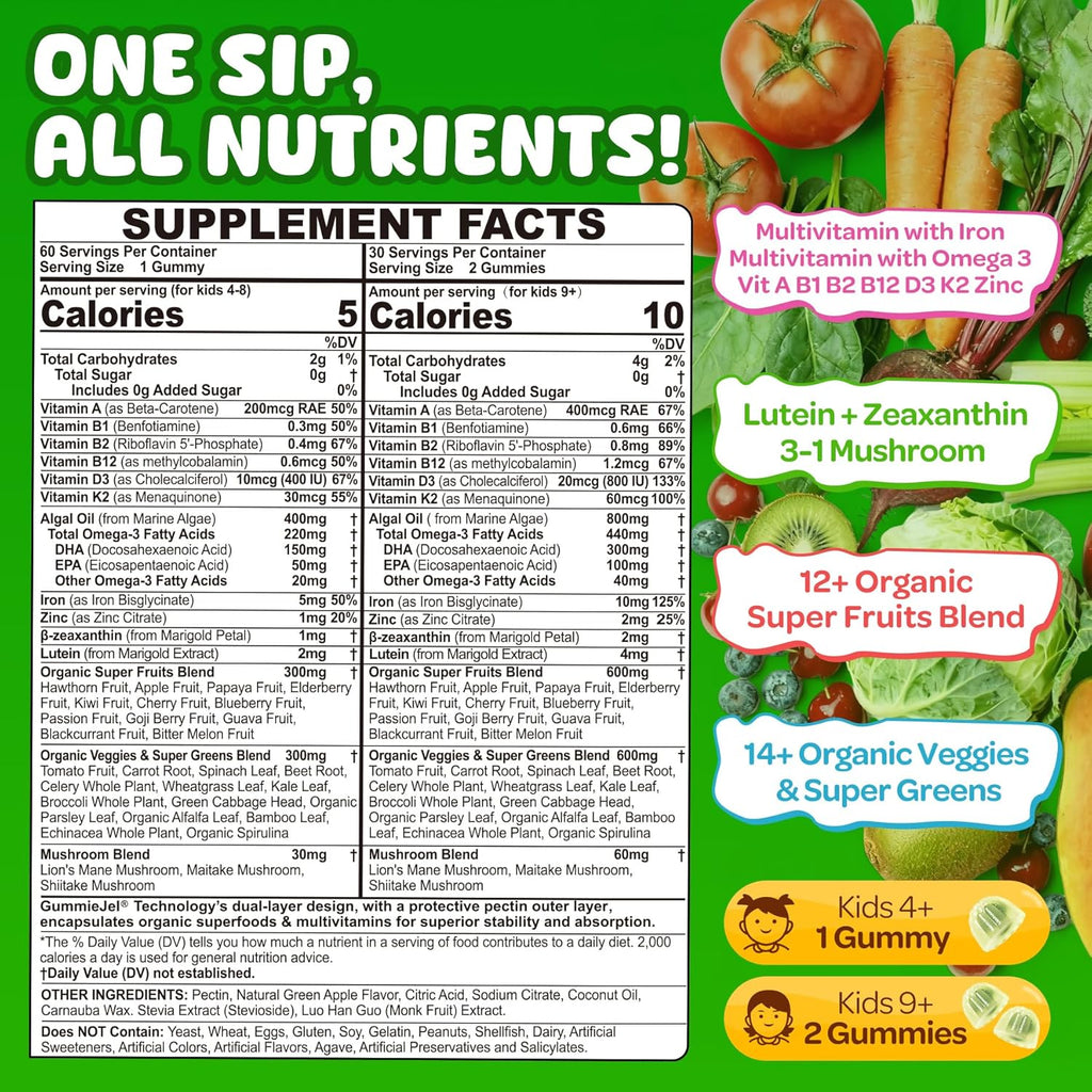 NEVISS Kids Super Greens 40-in-1 Gummies w/Multivitamin, Omega3, Iron, Picky Eater Organic Super Fruits Veggies Gummy, Superfood Supplement, Mushroom, Lutein | Immune, Bone, Brain, Energy, Sugar Free