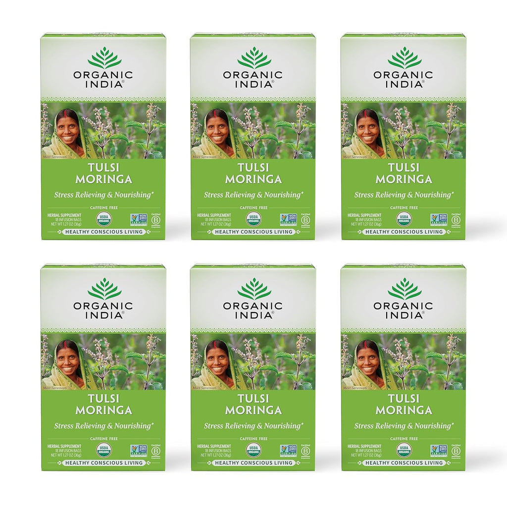 ORGANIC INDIA Tulsi Moringa Tea Bags - Holy Basil, Lemongrass, Moringa Leaves, Stress Relieving & Nourishing, Immune Support Tea, Vegan, Certified Organic, Caffeine-Free - 18 Infusion Bags, 6 Pack