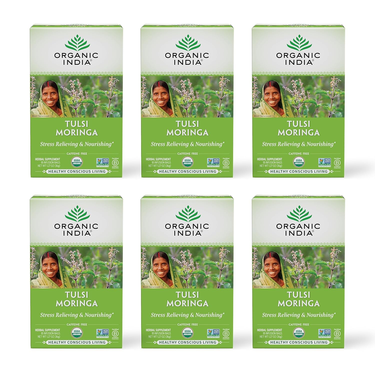 ORGANIC INDIA Tulsi Moringa Tea Bags - Holy Basil, Lemongrass, Moringa Leaves, Stress Relieving & Nourishing, Immune Support Tea, Vegan, Certified Organic, Caffeine-Free - 18 Infusion Bags, 6 Pack