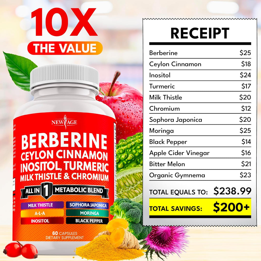 Berberine and Ceylon Cinnamon Supplement - Bitter Melon, Glucomannan, Gymnema Sylvestre, Chromium, Moringa, Milk Thistle, Turmeric, Inositol Pills - 120 Count