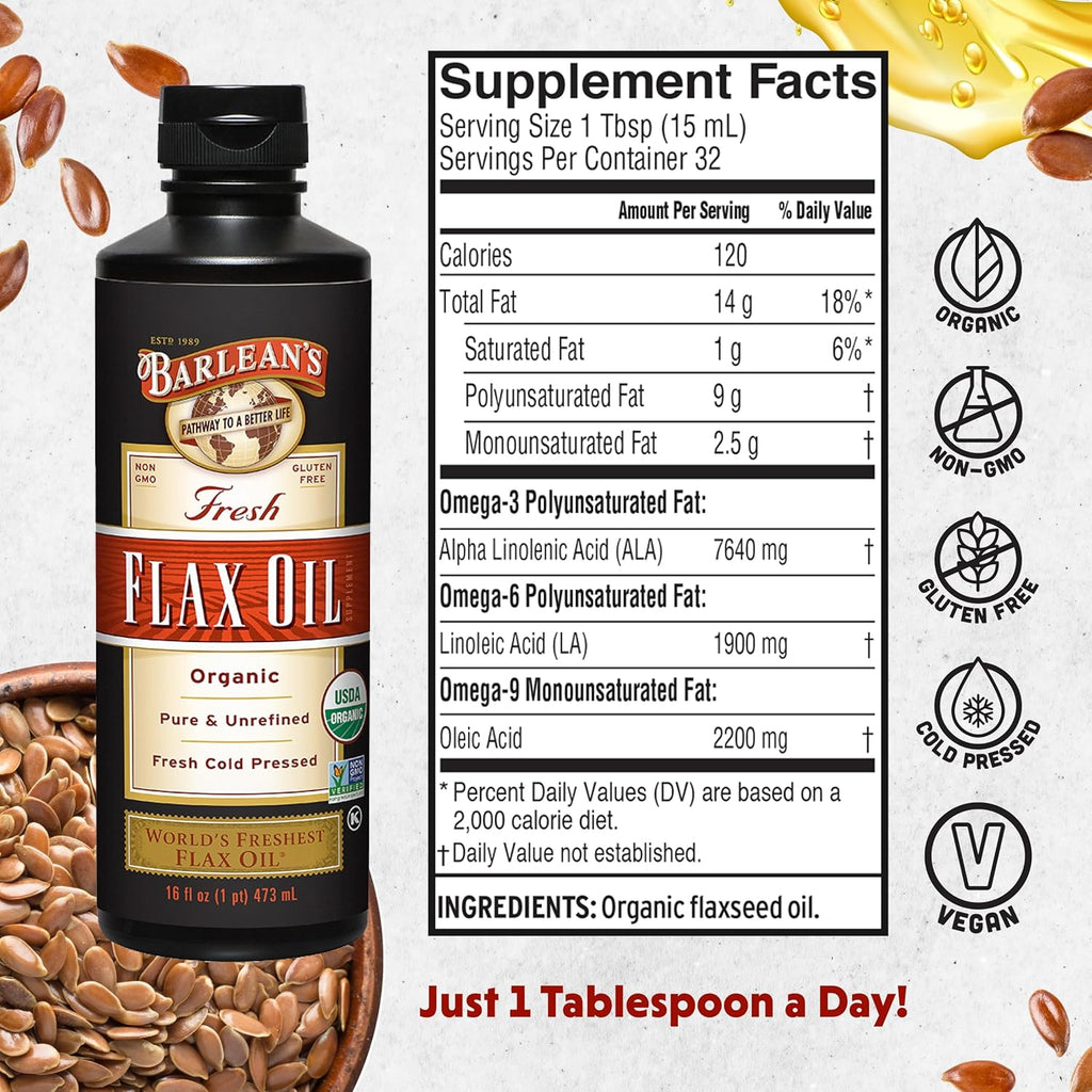 Barlean's Organic Flaxseed Oil Liquid from Cold Pressed Flax Seeds, 7,640mg ALA Omega 3 Fatty Acid Supplement for Joint and Heart Health, Vegan & Gluten Free, 16 oz
