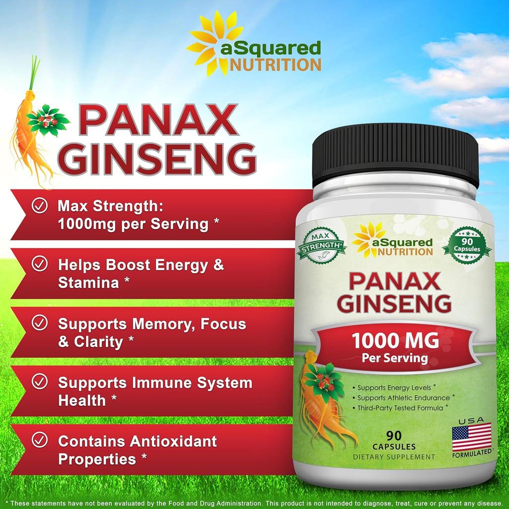 aSquared Nutrition Natural Korean Panax Ginseng (1000mg Max Strength)-90 Capsules Root Extract Complex (Red & White), High Dosage Ginsenosides in Seeds, Asian Powder Supplement,Tablet Pills for Energy