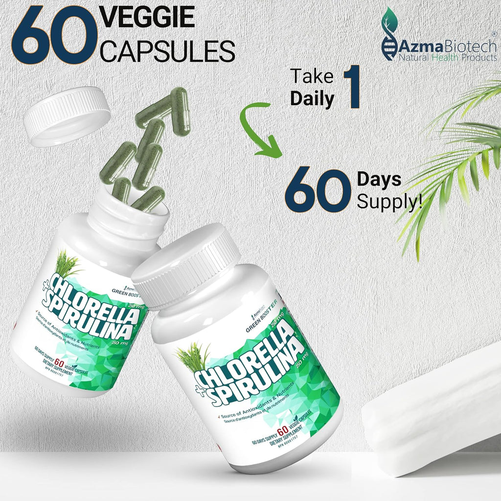 Organic Spirulina and Chlorella Capsules 500mg, 60 Count, 50/50 Blend, Vegan and Gluten-Free, High in Protein and Nutrients, Supports Energy and Immune Function, Made in Canada