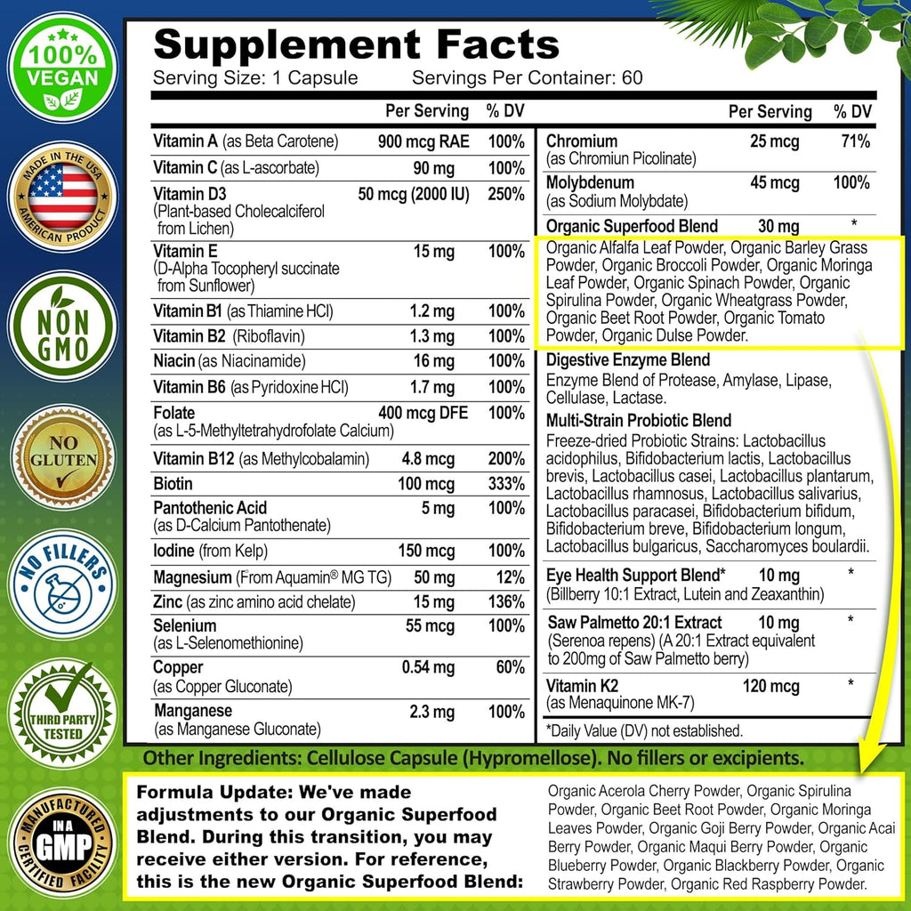 Men's Daily Multivitamin 50 Plus - Vegan Methylated Multivitamin for Men 50 and Over - Saw Palmetto, Biotin, Organic Superfoods, Lutein - Eye, Energy, Gut, Health Support - Easy to Swallow Capsules