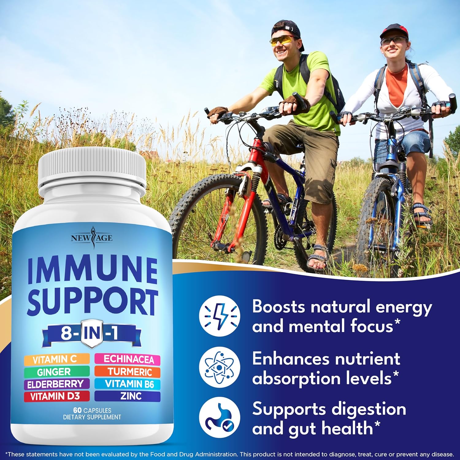 NEW AGE 8 in 1 Immune Support Booster Supplement with Echinacea, Vitamin C and Zinc 50mg, Vitamin D 5000 IU, Turmeric Curcumin & Ginger, B6, Elderberry 60 Count (Pack of 1)
