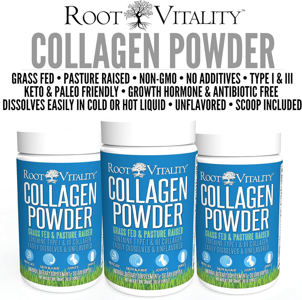 Root Vitality Collagen Peptides Powder - Grass-Fed, Pasture-Raised Hydrolyzed Protein Supplement for Skin, Hair, & Nails - Non-GMO, Zero Sugar Daily Supplement for Men & Women (30 Servings)