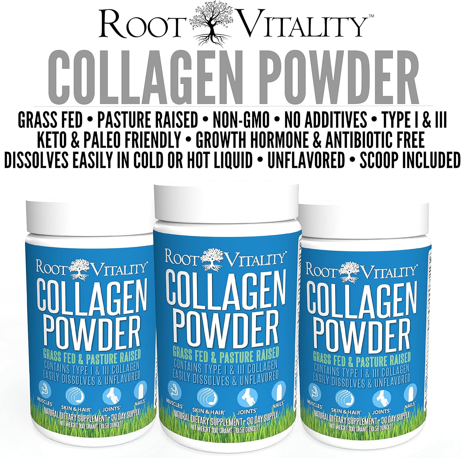 Root Vitality Collagen Peptides Powder - Grass-Fed, Pasture-Raised Hydrolyzed Protein Supplement for Skin, Hair, & Nails - Non-GMO, Zero Sugar Daily Supplement for Men & Women (30 Servings)