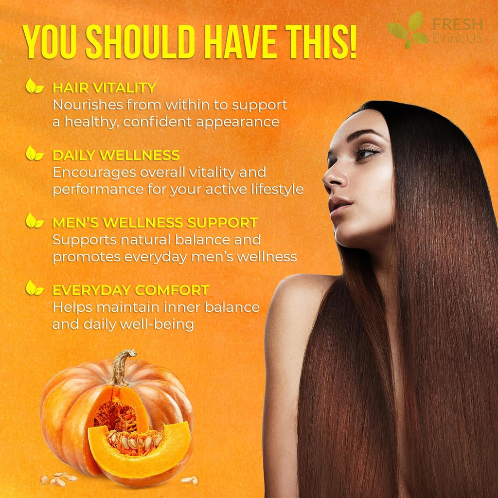 FreshDrinkUS, 330 Premium Pumpkin Seed Oil Softgels with Saw Palmetto, 3000mg Per Serving, Cold Pressed, Pure Virgin Oil, Great Hair Support, Non-GMO, Gluten-Free, Vegan