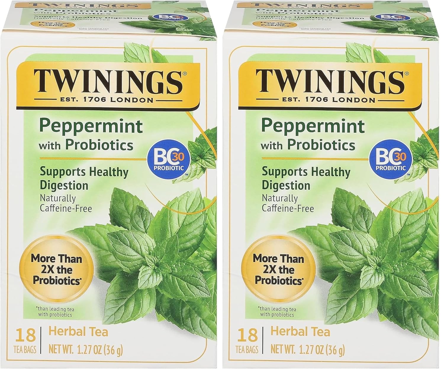 Twinings Superblends Probiotics+ Peppermint & Fennel Herbal Tea, 250 Million CFUs per Cup, 18 Tea Bags (Pack of 2), Naturally Caffeine-Free, Enjoy Hot or Iced